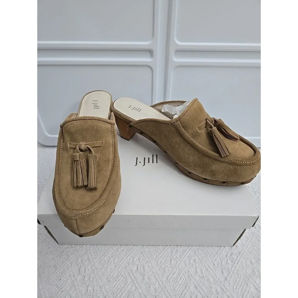 J JILL Womens Sz 7 Tan Suede Tassel Studded Suede Leather Mules NEW - Picture 1 of 12